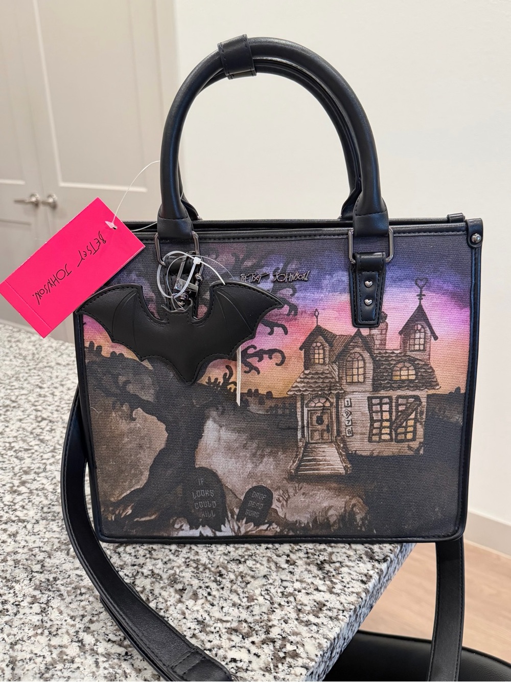 Betsey Johnson Viral Halloween Haunted House Graphic Satchel Purse Bag Bat NWT